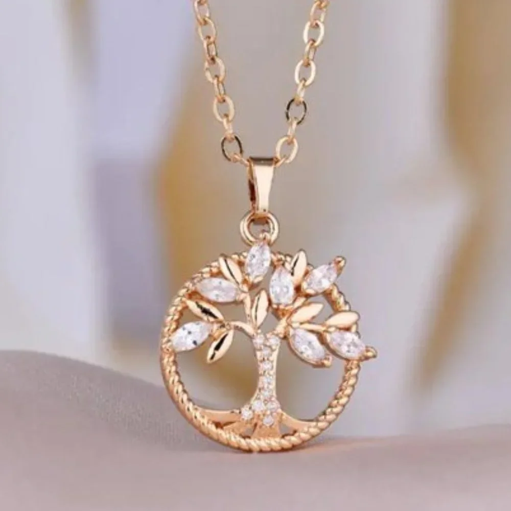 Tree of Life Pendant Necklace White Rhinestones Gold Tone Adjustable 22